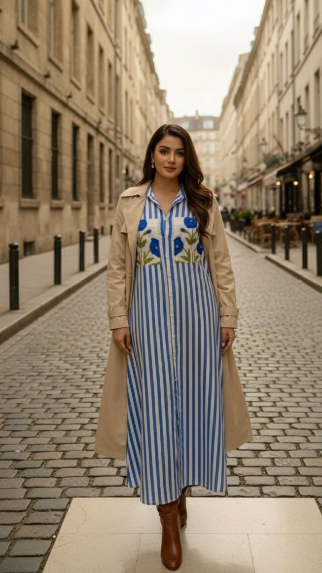 Luxury pret blue stripe poppy dress