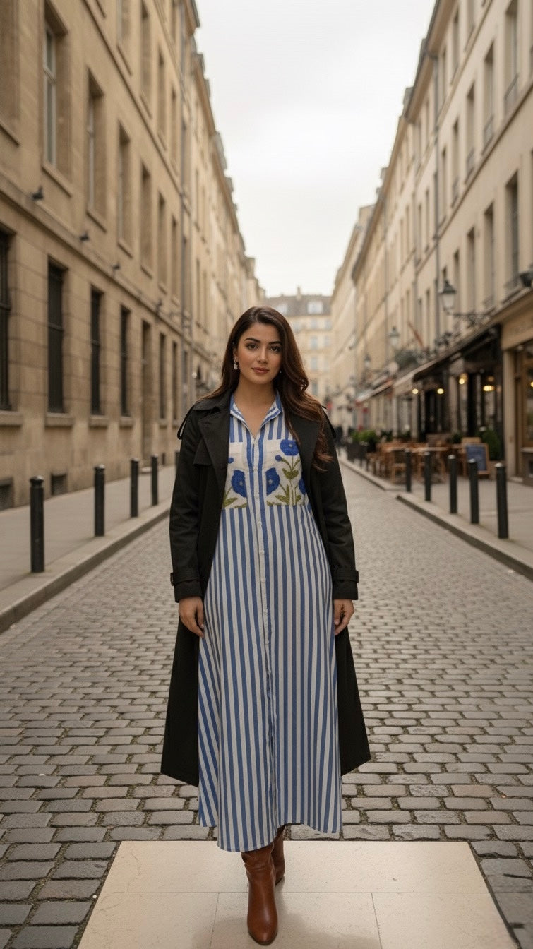 Luxury pret blue stripe poppy dress