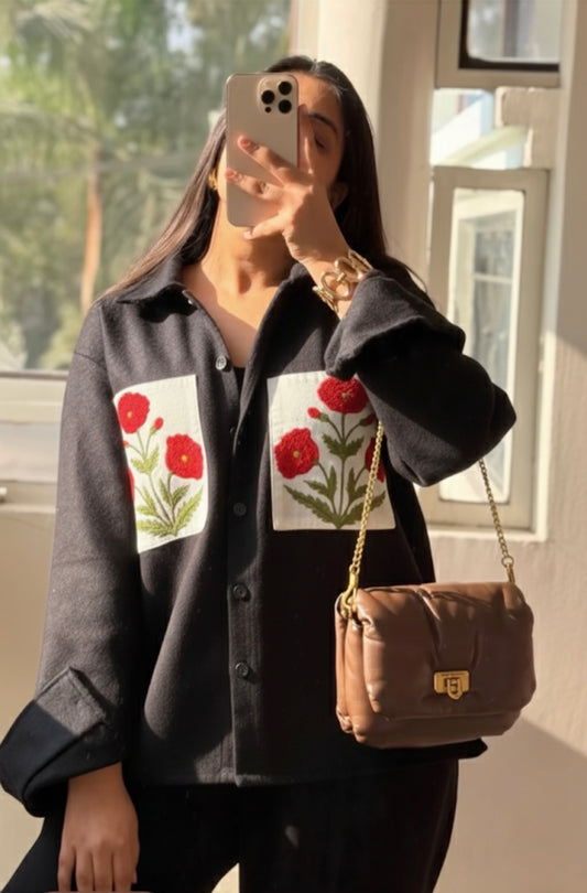 Lux edit Red poppy black woolen shacket