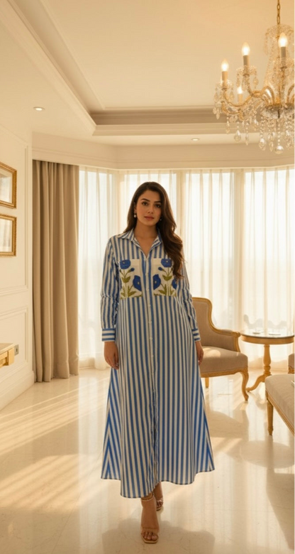 Luxury pret blue stripe poppy dress