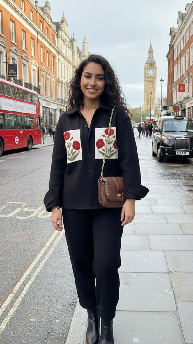 Lux edit Red poppy black woolen shacket