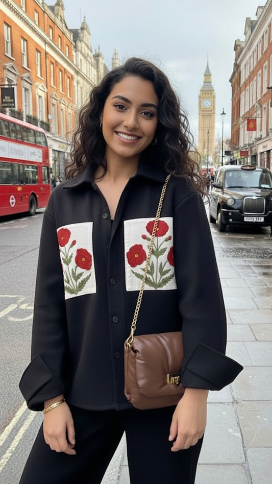 Lux edit Red poppy black woolen shacket