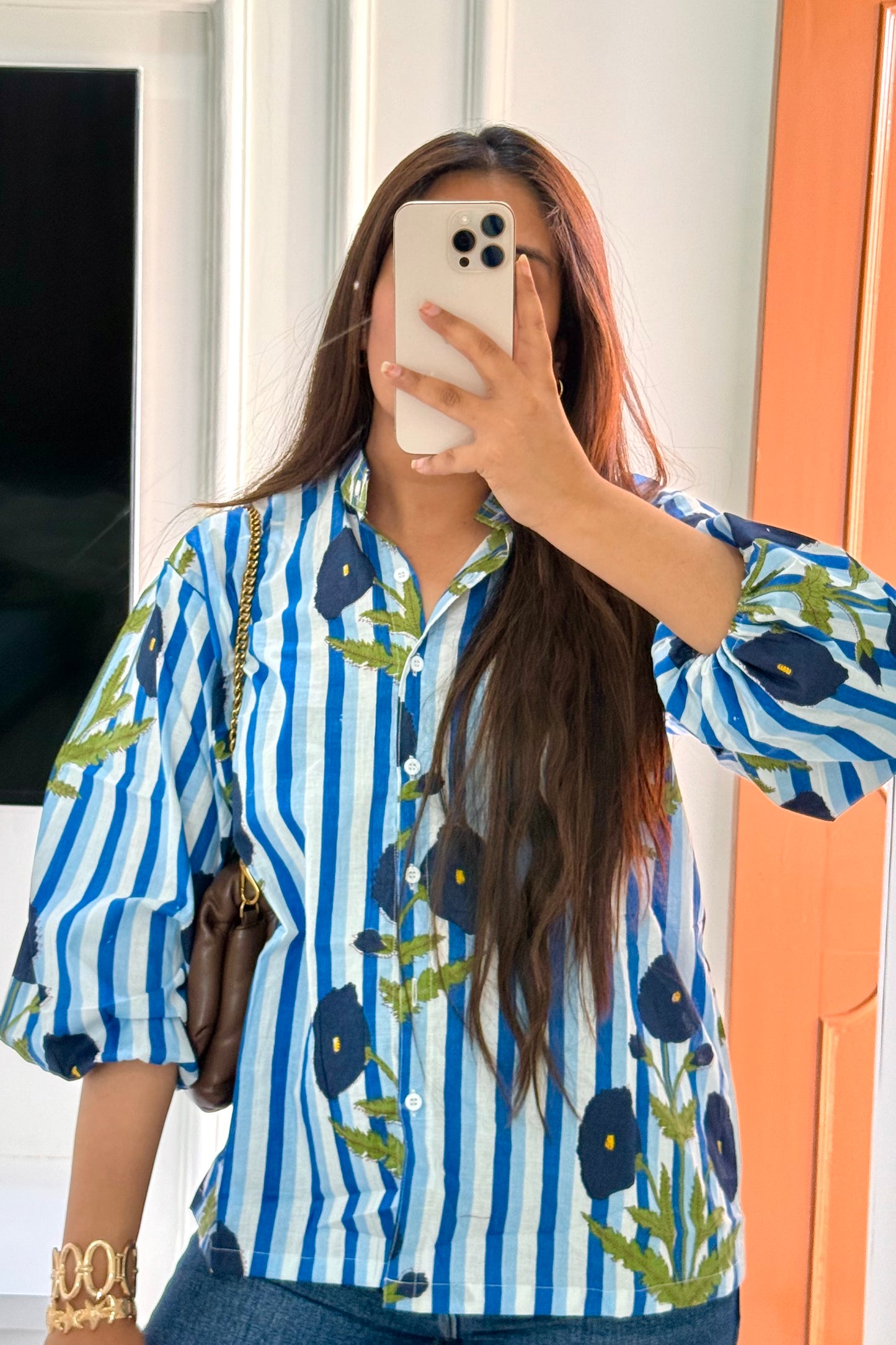 Blue stripe poppy shirt