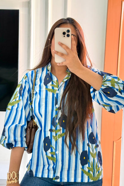 Blue stripe poppy shirt
