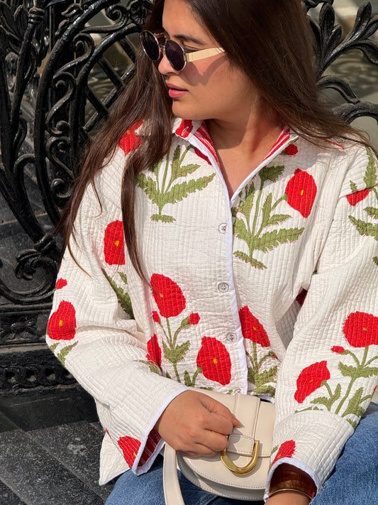 Red poppy quilted shacket