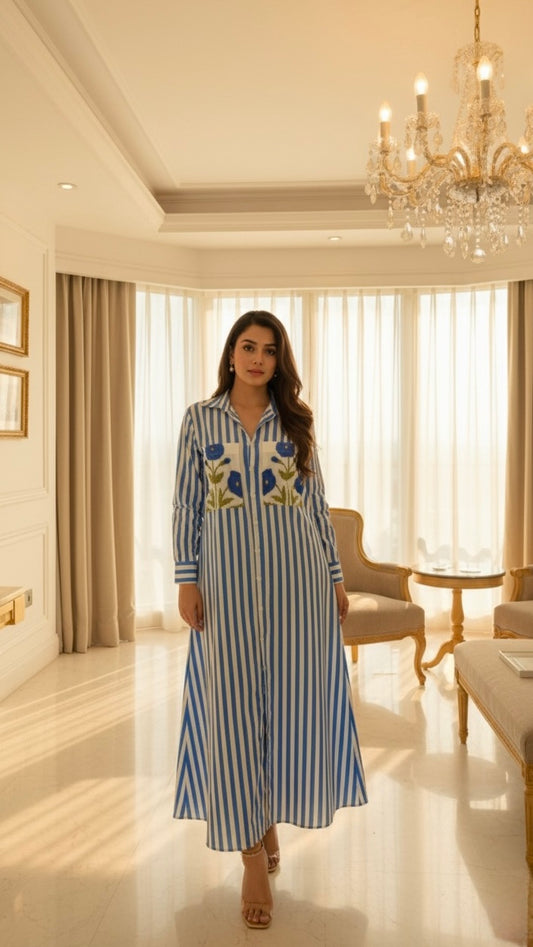 Luxury pret blue stripe poppy dress