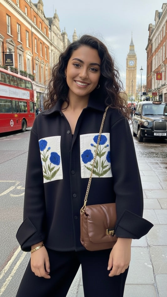Lux edit blue poppy black woolen shacket