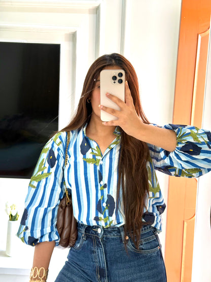 Blue stripe poppy shirt
