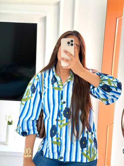 Blue stripe poppy shirt