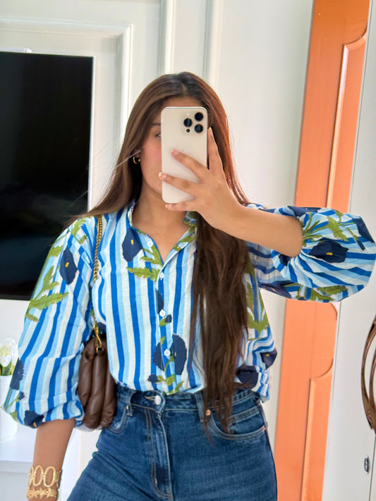 Blue stripe poppy shirt