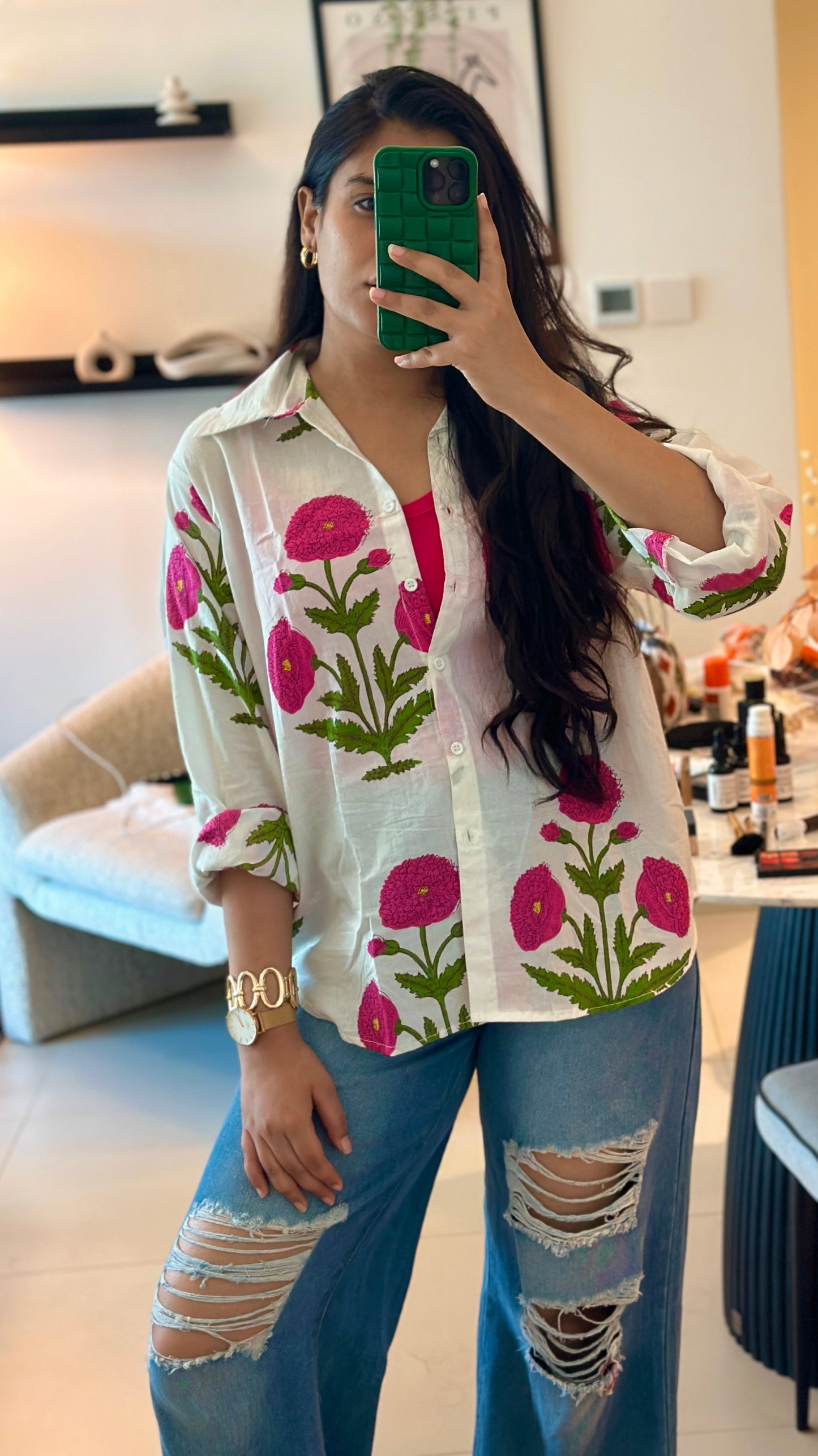 Pink mughal poppy shirt