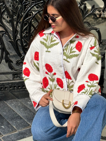 Red poppy quilted shacket