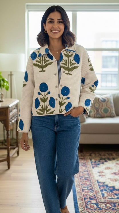Blue poppy quilted shacket