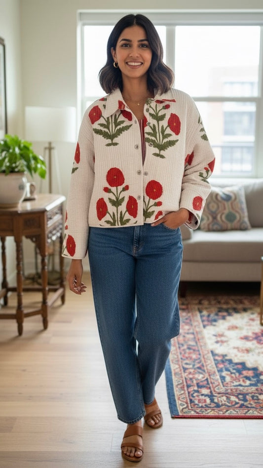 Red poppy quilted shacket
