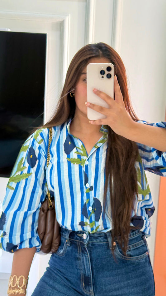 Blue stripe poppy shirt